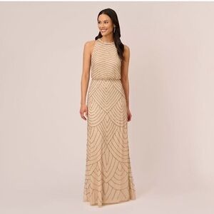 NWT Adrianna Papell Art Deco Beaded Blouson Dress with Halter Neckline